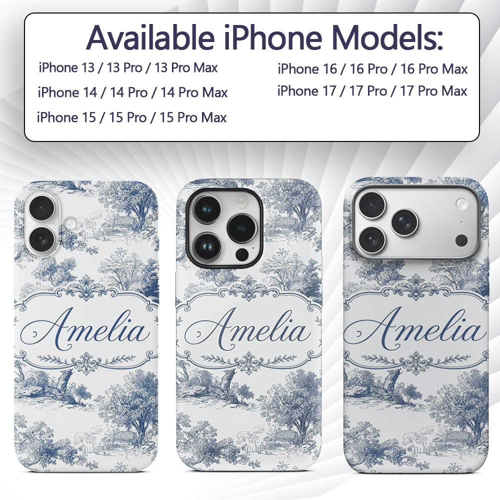 Vintage Toile Pastoral Countryside Village Scene Custom Name Protective Phone Case Mobile Cover Durable Everyday Smartphone Shock Resistant