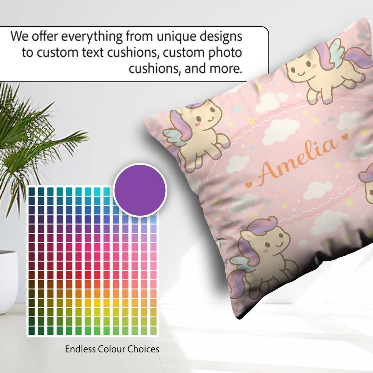 Custom Name Cute Pegasus Unicorn Cartoon Animal Pattern Decor Square Filled Cushion Throw Pillow Sofa Bed Home Decor Zip Washable UK Made