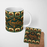 Personalized Custom Name Vintage Halloween Pumpkin Leaves Frame Dark Green Seamless Pattern 11oz Ceramic Coffee Tea Mug White Large Handle