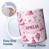 Personalized Custom Name Cute Pink Party Hat Sweet Treat Festive Seamless Pattern Lovely 11oz Ceramic Coffee Tea Mug White Large Handle