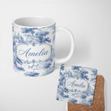 Personalized Custom Name Vintage Toile Classic Rural Landscape Scene Blue White Seamless 11oz Ceramic Coffee Tea Mug White Large Handle