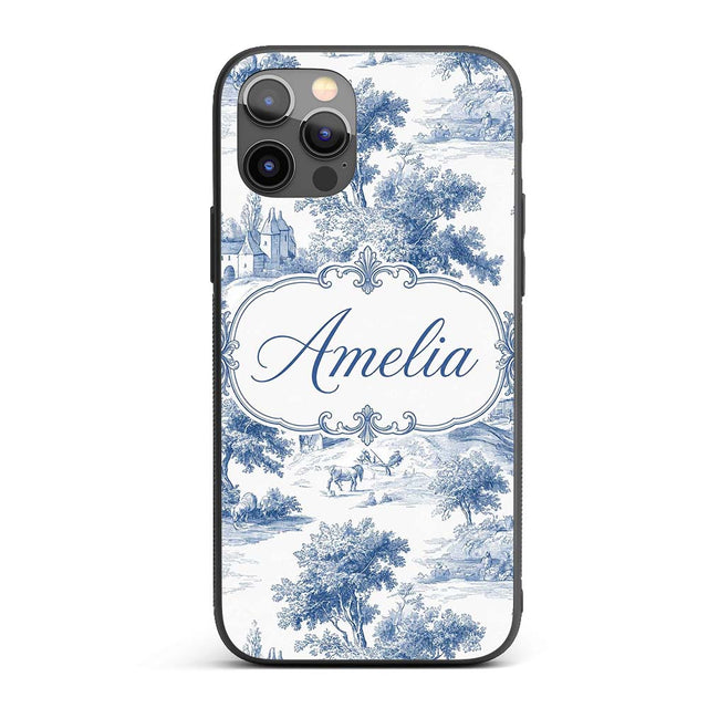 Vintage Toile Classic Rural Landscape Scene Blue Custom Name Protective Phone Case Mobile Cover Durable Everyday Smartphone Shock Resistant