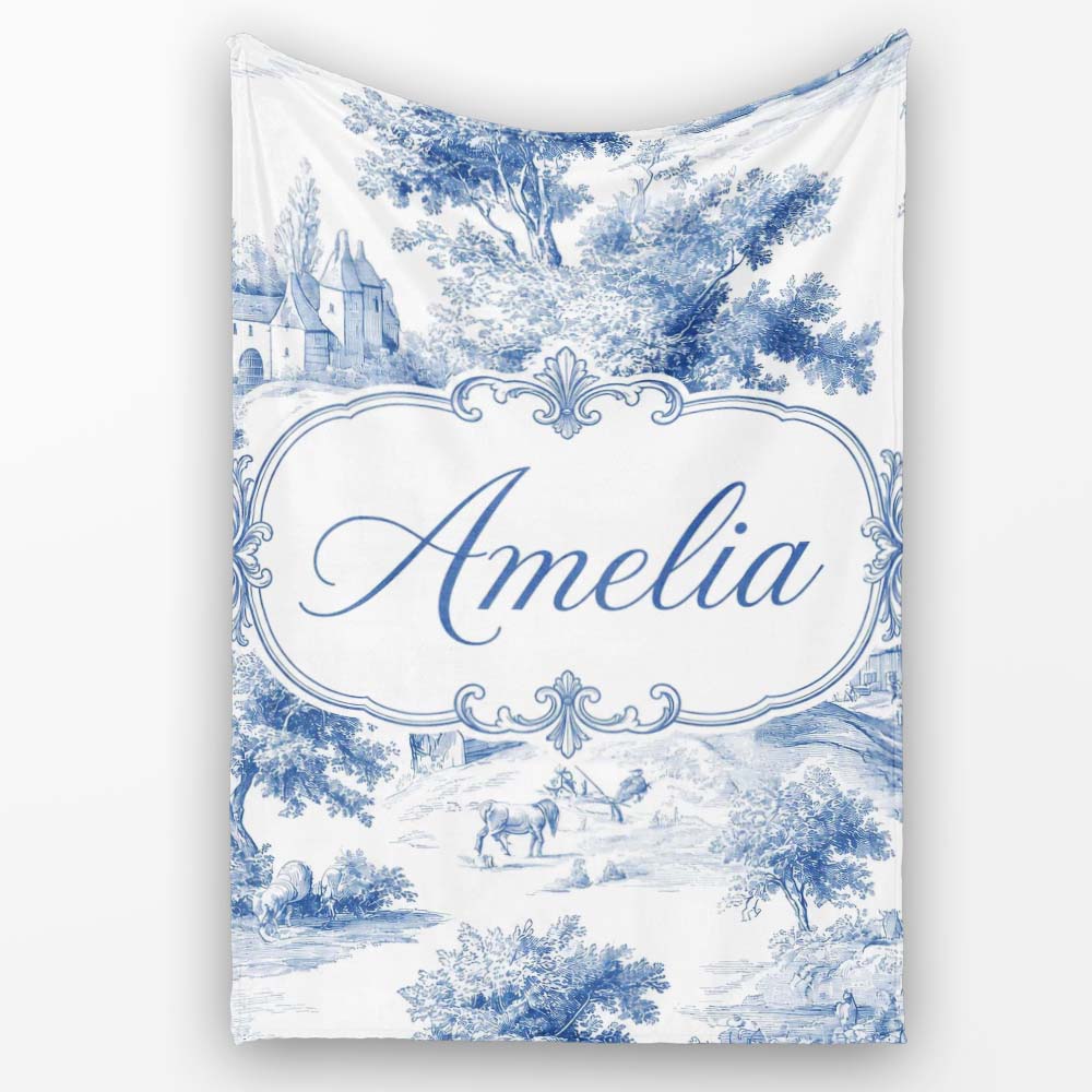 Vintage Toile Classic Rural Landscape Scene Blue White Seamless  Personalised Custom Name Super Soft Fleece Blanket Bed Sofa Throw