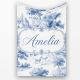 Vintage Toile Classic Rural Landscape Scene Blue White Seamless  Personalised Custom Name Super Soft Fleece Blanket Bed Sofa Throw