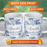 Personalized Custom Name Vintage Toile Classic Rural Landscape Scene Blue White Seamless 11oz Ceramic Coffee Tea Mug White Large Handle