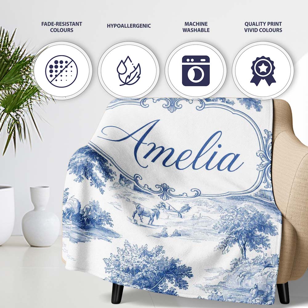 Vintage Toile Classic Rural Landscape Scene Blue White Seamless  Personalised Custom Name Super Soft Fleece Blanket Bed Sofa Throw