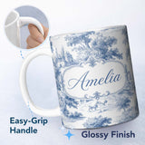 Personalized Custom Name Vintage Toile Classic Rural Landscape Scene Blue White Seamless 11oz Ceramic Coffee Tea Mug White Large Handle