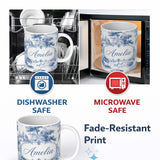 Personalized Custom Name Vintage Toile Classic Rural Landscape Scene Blue White Seamless 11oz Ceramic Coffee Tea Mug White Large Handle