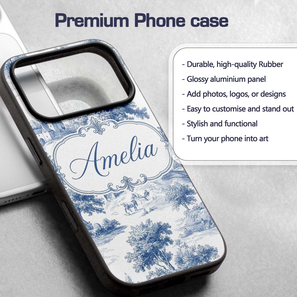 Vintage Toile Classic Rural Landscape Scene Blue Custom Name Protective Phone Case Mobile Cover Durable Everyday Smartphone Shock Resistant