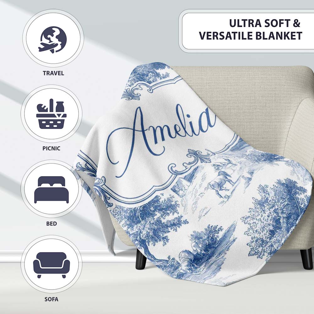 Vintage Toile Classic Rural Landscape Scene Blue White Seamless  Personalised Custom Name Super Soft Fleece Blanket Bed Sofa Throw