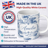 Personalized Custom Name Vintage Toile Classic Rural Landscape Scene Blue White Seamless 11oz Ceramic Coffee Tea Mug White Large Handle