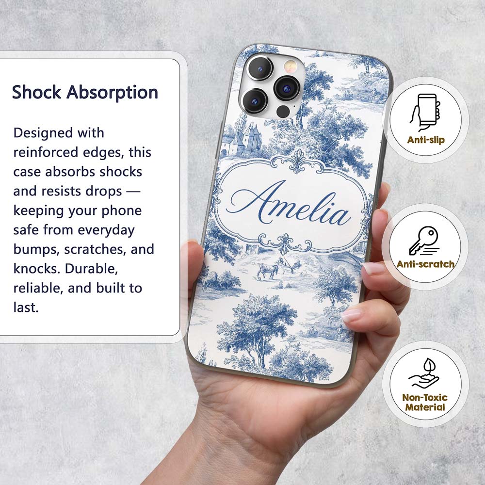 Vintage Toile Classic Rural Landscape Scene Blue Custom Name Protective Phone Case Mobile Cover Durable Everyday Smartphone Shock Resistant