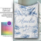 Vintage Toile Classic Rural Landscape Scene Blue White Seamless  Personalised Custom Name Super Soft Fleece Blanket Bed Sofa Throw