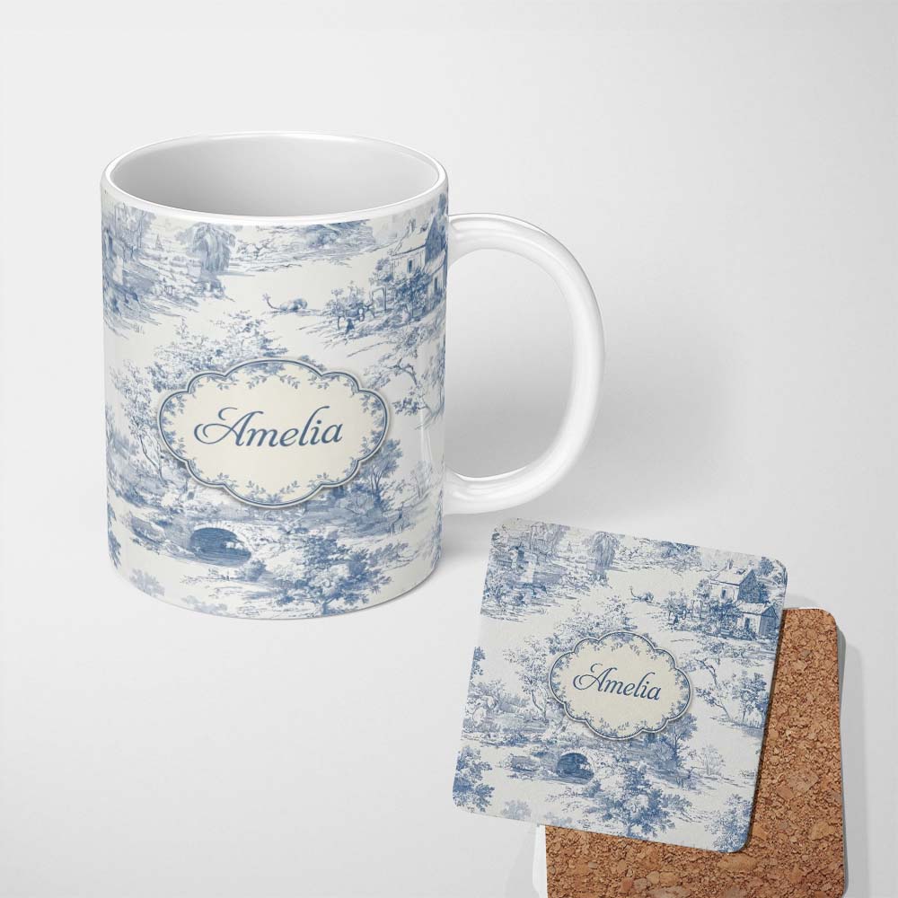 Personalized Custom Name Vintage Toile Countryside Bridge River Scene Blue White Seamless 11oz Ceramic Coffee Tea Mug White Large Handle
