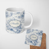 Personalized Custom Name Vintage Toile Countryside Bridge River Scene Blue White Seamless 11oz Ceramic Coffee Tea Mug White Large Handle