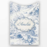 Vintage Toile Countryside Bridge River Scene Blue White Seamless  Personalised Custom Name Super Soft Fleece Blanket Bed Sofa Throw