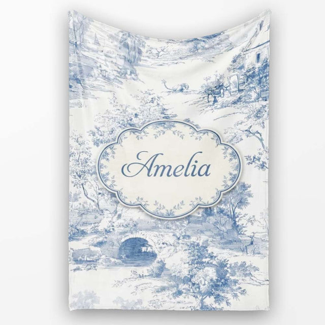 Vintage Toile Countryside Bridge River Scene Blue White Seamless  Personalised Custom Name Super Soft Fleece Blanket Bed Sofa Throw