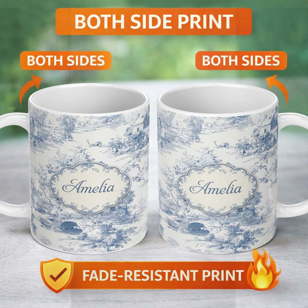 Personalized Custom Name Vintage Toile Countryside Bridge River Scene Blue White Seamless 11oz Ceramic Coffee Tea Mug White Large Handle