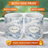 Personalized Custom Name Vintage Toile Countryside Bridge River Scene Blue White Seamless 11oz Ceramic Coffee Tea Mug White Large Handle