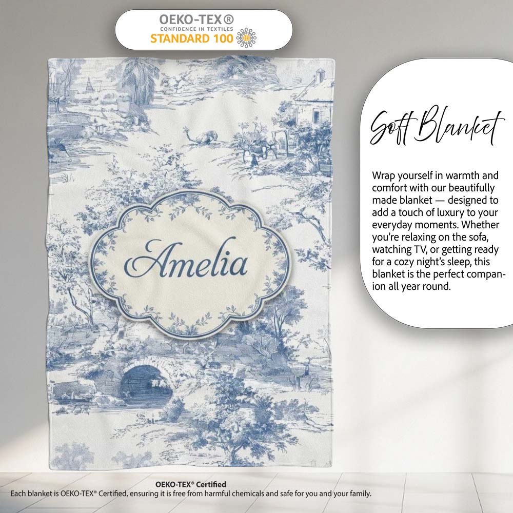 Vintage Toile Countryside Bridge River Scene Blue White Seamless  Personalised Custom Name Super Soft Fleece Blanket Bed Sofa Throw