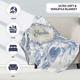 Vintage Toile Countryside Bridge River Scene Blue White Seamless  Personalised Custom Name Super Soft Fleece Blanket Bed Sofa Throw