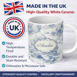 Personalized Custom Name Vintage Toile Countryside Bridge River Scene Blue White Seamless 11oz Ceramic Coffee Tea Mug White Large Handle