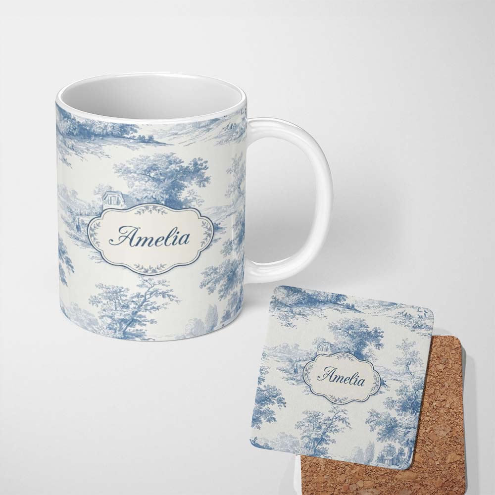 Personalized Custom Name Vintage Toile Cottage River Landscape Scene Blue White Seamless 11oz Ceramic Coffee Tea Mug White Large Handle