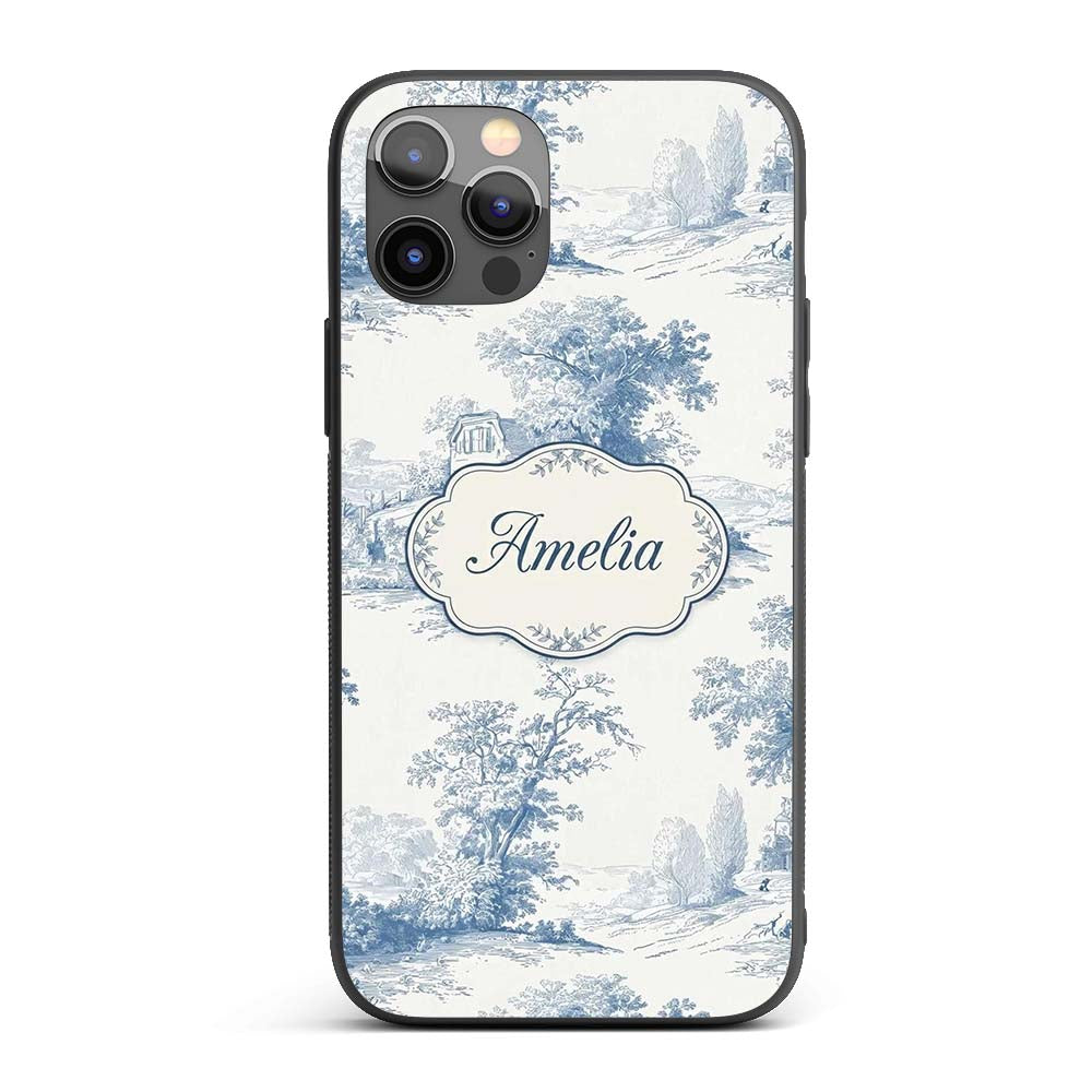 Vintage Toile Cottage River Landscape Scene Blue Custom Name Protective Phone Case Mobile Cover Durable Everyday Smartphone Shock Resistant