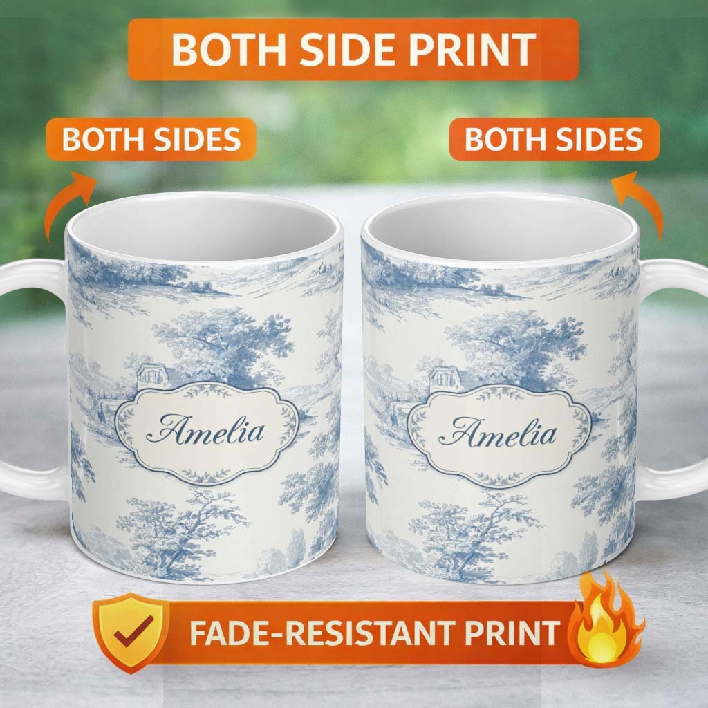 Personalized Custom Name Vintage Toile Cottage River Landscape Scene Blue White Seamless 11oz Ceramic Coffee Tea Mug White Large Handle