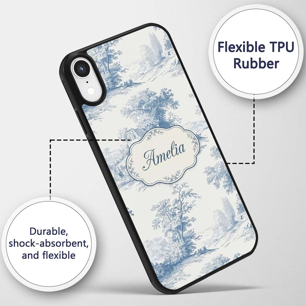 Vintage Toile Cottage River Landscape Scene Blue Custom Name Protective Phone Case Mobile Cover Durable Everyday Smartphone Shock Resistant