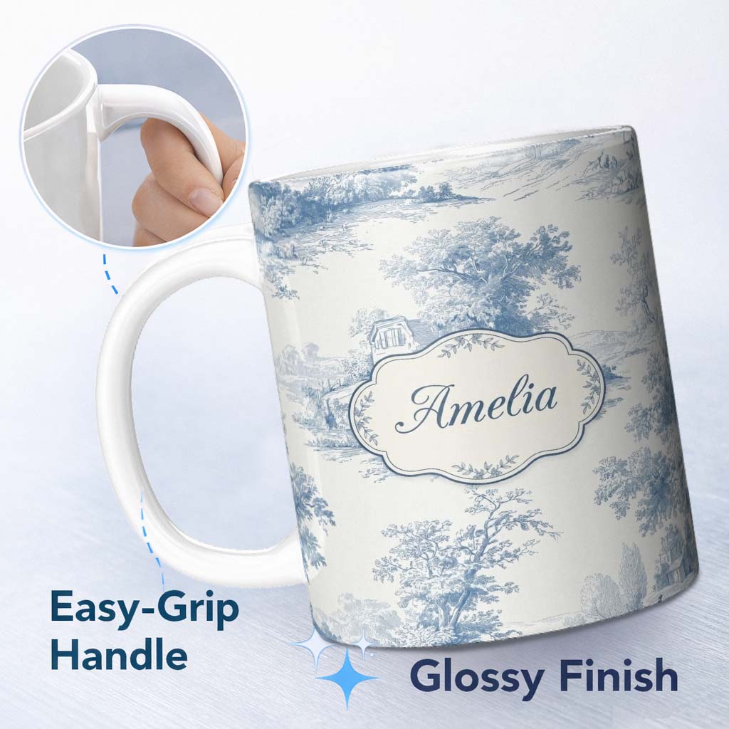 Personalized Custom Name Vintage Toile Cottage River Landscape Scene Blue White Seamless 11oz Ceramic Coffee Tea Mug White Large Handle