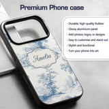 Vintage Toile Cottage River Landscape Scene Blue Custom Name Protective Phone Case Mobile Cover Durable Everyday Smartphone Shock Resistant