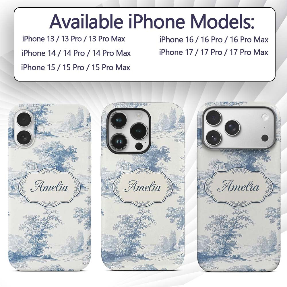 Vintage Toile Cottage River Landscape Scene Blue Custom Name Protective Phone Case Mobile Cover Durable Everyday Smartphone Shock Resistant