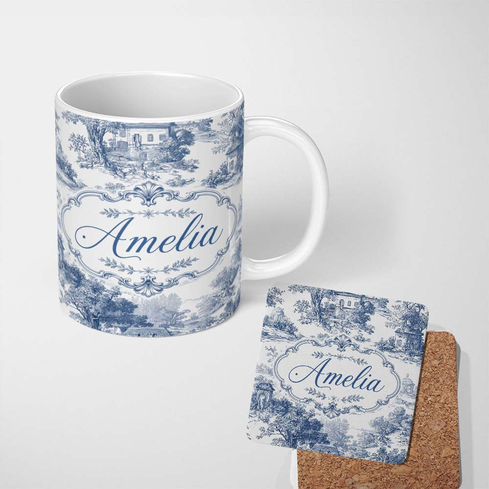 Personalized Custom Name Vintage Toile Classic Village Scenic Landscape Blue White Seamless 11oz Ceramic Coffee Tea Mug White Large Handle