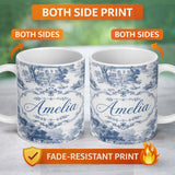 Personalized Custom Name Vintage Toile Classic Village Scenic Landscape Blue White Seamless 11oz Ceramic Coffee Tea Mug White Large Handle