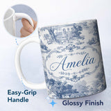Personalized Custom Name Vintage Toile Classic Village Scenic Landscape Blue White Seamless 11oz Ceramic Coffee Tea Mug White Large Handle
