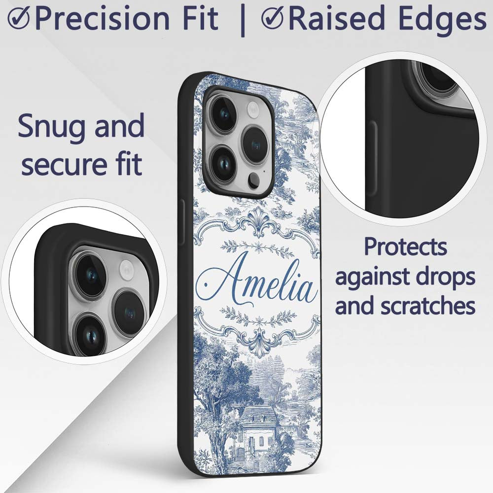 Vintage Toile Classic Village Scenic Landscape Custom Name Protective Phone Case Mobile Cover Durable Everyday Smartphone Shock Resistant