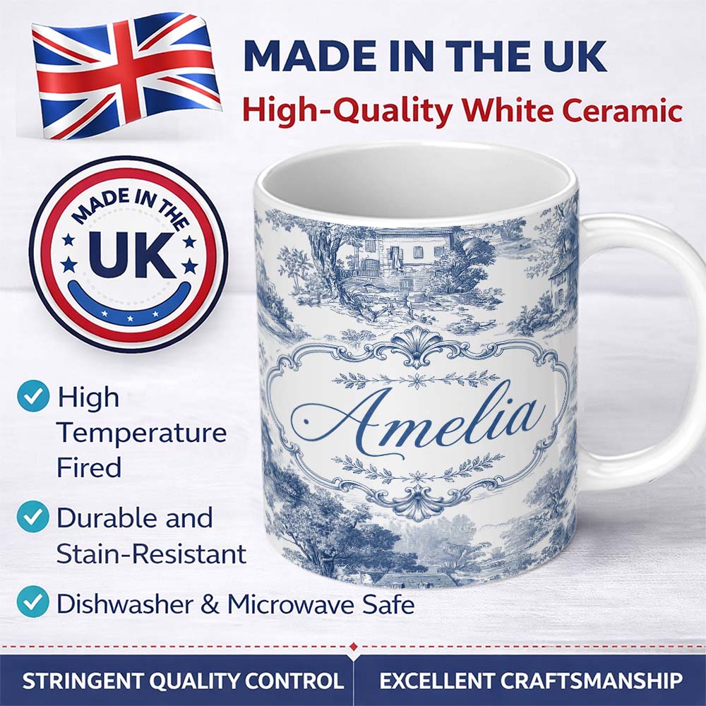 Personalized Custom Name Vintage Toile Classic Village Scenic Landscape Blue White Seamless 11oz Ceramic Coffee Tea Mug White Large Handle