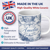 Personalized Custom Name Vintage Toile Classic Village Scenic Landscape Blue White Seamless 11oz Ceramic Coffee Tea Mug White Large Handle