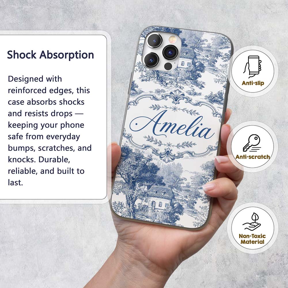 Vintage Toile Classic Village Scenic Landscape Custom Name Protective Phone Case Mobile Cover Durable Everyday Smartphone Shock Resistant