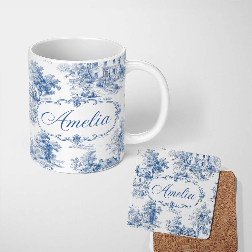 Personalized Custom Name Vintage Toile Elegant Garden Bridge Scene Blue White Seamless 11oz Ceramic Coffee Tea Mug White Large Handle