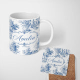 Personalized Custom Name Vintage Toile Elegant Garden Bridge Scene Blue White Seamless 11oz Ceramic Coffee Tea Mug White Large Handle
