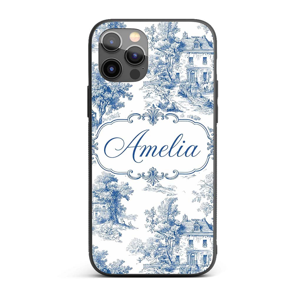 Vintage Toile Elegant Garden Bridge Scene Blue Custom Name Protective Phone Case Mobile Cover Durable Everyday Smartphone Shock Resistant
