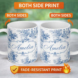 Personalized Custom Name Vintage Toile Elegant Garden Bridge Scene Blue White Seamless 11oz Ceramic Coffee Tea Mug White Large Handle