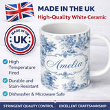 Personalized Custom Name Vintage Toile Elegant Garden Bridge Scene Blue White Seamless 11oz Ceramic Coffee Tea Mug White Large Handle