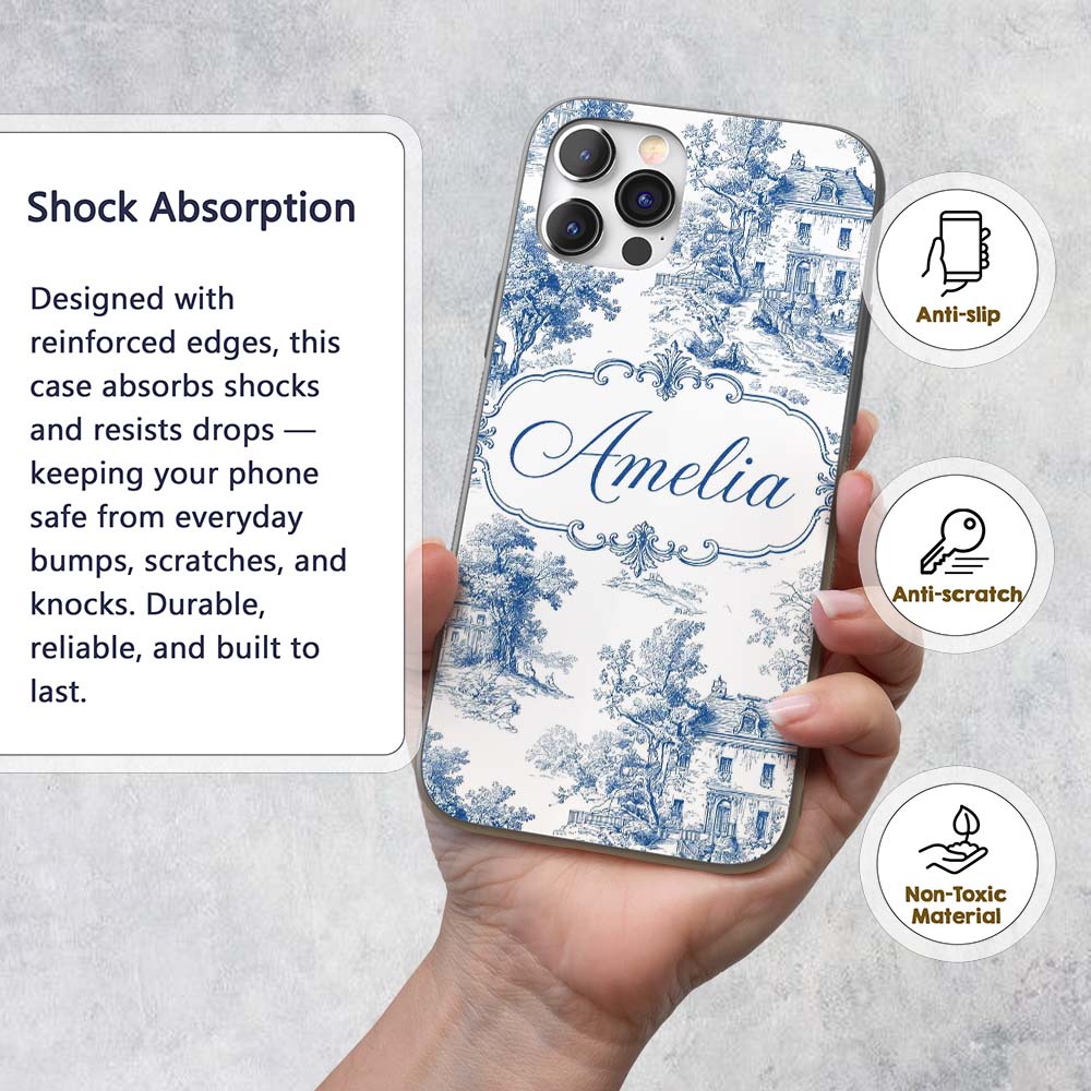 Vintage Toile Elegant Garden Bridge Scene Blue Custom Name Protective Phone Case Mobile Cover Durable Everyday Smartphone Shock Resistant