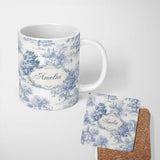 Personalized Custom Name Vintage Toile Rustic Countryside Cottage Scene Blue White Seamless 11oz Ceramic Coffee Tea Mug White Large Handle