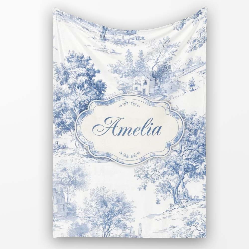 Vintage Toile Rustic Countryside Cottage Scene Blue White Seamless  Personalised Custom Name Super Soft Fleece Blanket Bed Sofa Throw