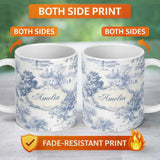 Personalized Custom Name Vintage Toile Rustic Countryside Cottage Scene Blue White Seamless 11oz Ceramic Coffee Tea Mug White Large Handle