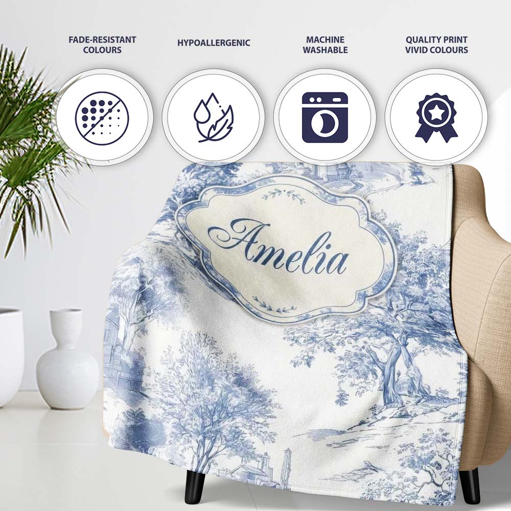 Vintage Toile Rustic Countryside Cottage Scene Blue White Seamless  Personalised Custom Name Super Soft Fleece Blanket Bed Sofa Throw